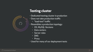 How people build software!
Testing cluster
• Dedicated testing cluster in production
• Does not take production traﬃc
• “l...