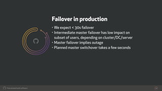 How people build software!
Failover in production
• We expect < 30s failover
• Intermediate master failover has low impact...