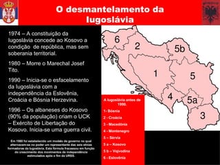 O desmantelamento da Iugoslávia 1974 – A constituição da Iugoslávia concede ao Kosovo a condição  de república, mas sem soberania territorial.  1980 – Morre o Marechal Josef Tito. 1990 – Inicia-se o esfacelamento da Iugoslávia com a independência da Eslovênia, Croácia e Bósnia Herzevina. 1996 – Os albaneses do Kosovo (90% da população) criam o UCK – Exército de Libertação do Kosovo. Inicia-se uma guerra civil. A Iugoslávia antes de 1990. 1- Bósnia 2 - Croácia 3 - Macedônia 4 - Montenegro 5 – Sérvia 5 a – Kosovo 5 b – Vojvodina 6 - Eslovênia Em 1980 foi estabelecido um modelo de governo no qual alternavam-se no poder um representante das seis etnias formadoras da Iugoslávia. Esta fórmula fracassou em função do crescimento dos movimentos de independência estimulados após o fim da URSS. 