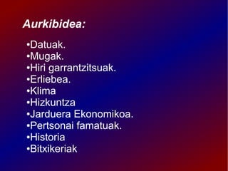 Aurkibidea:
Datuak.
●Mugak.
●Hiri garrantzitsuak.
●Erliebea.
●Klima
●Hizkuntza
●Jarduera Ekonomikoa.
●Pertsonai famatuak.
●Historia
●Bitxikeriak
●

 