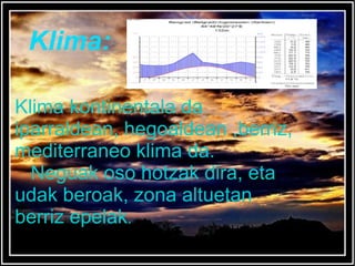 Klima:
Klima kontinentala da
iparraldean, hegoaldean ,berriz,
mediterraneo klima da.
Neguak oso hotzak dira, eta
udak beroak, zona altuetan
berriz epelak.

 