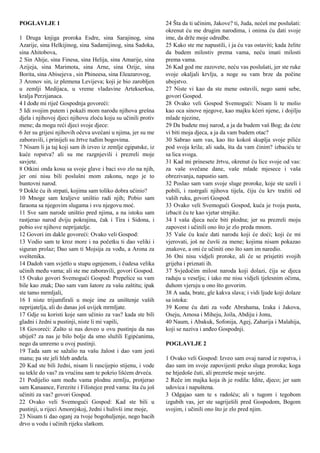 POGLAVLJE 1
1 Druga knjiga proroka Esdre, sina Sarajinog, sina
Azarije, sina Helkijinog, sina Sadamijinog, sina Sadoka,
sina Ahitobova,
2 Sin Ahije, sina Finesa, sina Helija, sina Amarije, sina
Azijeja, sina Marimota, sina Arne, sina Ozije, sina
Borita, sina Abisejeva , sin Phineesa, sina Eleazarovog,
3 Aronov sin, iz plemena Levijeva; koji je bio zarobljen
u zemlji Medijaca, u vreme vladavine Artekserksa,
kralja Perzijanaca.
4 I dođe mi riječ Gospodnja govoreći:
5 Idi svojim putem i pokaži mom narodu njihova grešna
djela i njihovoj djeci njihovu zloću koju su učinili protiv
mene; da mogu reći djeci svoje djece:
6 Jer su grijesi njihovih očeva uvećani u njima, jer su me
zaboravili, i prinijeli su žrtve tuđim bogovima.
7 Nisam li ja taj koji sam ih izveo iz zemlje egipatske, iz
kuće ropstva? ali su me razgnjevili i prezreli moje
savjete.
8 Otkini onda kosu sa svoje glave i baci svo zlo na njih,
jer oni nisu bili poslušni mom zakonu, nego je to
buntovni narod.
9 Dokle ću ih strpati, kojima sam toliko dobra učinio?
10 Mnoge sam kraljeve uništio radi njih; Pobio sam
faraona sa njegovim slugama i svu njegovu moć.
11 Sve sam narode uništio pred njima, a na istoku sam
rastjerao narod dviju pokrajina, čak i Tira i Sidona, i
pobio sve njihove neprijatelje.
12 Govori im dakle govoreći: Ovako veli Gospod:
13 Vodio sam te kroz more i na početku ti dao veliki i
siguran prolaz; Dao sam ti Mojsija za vođu, a Arona za
sveštenika.
14 Dadoh vam svjetlo u stupu ognjenom, i čudesa velika
učinih među vama; ali ste me zaboravili, govori Gospod.
15 Ovako govori Svemogući Gospod: Prepelice su vam
bile kao znak; Dao sam vam šatore za vašu zaštitu; ipak
ste tamo mrmljali,
16 I niste trijumfirali u moje ime za uništenje vaših
neprijatelja, ali do danas još uvijek mrmljate.
17 Gdje su koristi koje sam učinio za vas? kada ste bili
gladni i žedni u pustinji, niste li mi vapili,
18 Govoreći: Zašto si nas doveo u ovu pustinju da nas
ubiješ? za nas je bilo bolje da smo služili Egipćanima,
nego da umremo u ovoj pustinji.
19 Tada sam se sažalio na vašu žalost i dao vam jesti
manu; pa ste jeli hleb anđela.
20 Kad ste bili žedni, nisam li rascijepio stijenu, i vode
su tekle do vas? za vrućinu sam te pokrio lišćem drveća.
21 Podijelio sam među vama plodnu zemlju, protjerao
sam Kanaance, Ferezite i Filistejce pred vama: šta ću još
učiniti za vas? govori Gospod.
22 Ovako veli Svemogući Gospod: Kad ste bili u
pustinji, u rijeci Amorejskoj, žedni i hulivši ime moje,
23 Nisam ti dao oganj za tvoje bogohuljenje, nego bacih
drvo u vodu i učinih rijeku slatkom.
24 Šta da ti učinim, Jakove? ti, Juda, nećeš me poslušati:
okrenut ću me drugim narodima, i onima ću dati svoje
ime, da drže moje odredbe.
25 Kako ste me napustili, i ja ću vas ostaviti; kada želite
da budem milostiv prema vama, neću imati milosti
prema vama.
26 Kad god me zazovete, neću vas poslušati, jer ste ruke
svoje okaljali krvlju, a noge su vam brze da počine
ubojstvo.
27 Niste vi kao da ste mene ostavili, nego sami sebe,
govori Gospod.
28 Ovako veli Gospod Svemogući: Nisam li te molio
kao oca sinove njegove, kao majku kćeri njene, i dojilju
mlade njezine,
29 Da budete moj narod, a ja da budem vaš Bog; da ćete
vi biti moja djeca, a ja da vam budem otac?
30 Sabrao sam vas, kao što kokoš skuplja svoje piliće
pod svoja krila; ali sada, šta da vam činim? izbaciću te
sa lica svoga.
31 Kad mi prinesete žrtvu, okrenut ću lice svoje od vas:
za vaše svečane dane, vaše mlade mjesece i vaša
obrezivanja, napustio sam.
32 Poslao sam vam svoje sluge proroke, koje ste uzeli i
pobili, i rastrgali njihova tijela, čiju ću krv tražiti od
vaših ruku, govori Gospod.
33 Ovako veli Svemogući Gospod, kuća je tvoja pusta,
izbacit ću te kao vjetar strnjike.
34 I vaša djeca neće biti plodna; jer su prezreli moju
zapovest i učinili ono što je zlo preda mnom.
35 Vaše ću kuće dati narodu koji će doći; koji će mi
vjerovati, još ne čuvši za mene; kojima nisam pokazao
znakove, a oni će učiniti ono što sam im naredio.
36 Oni nisu vidjeli proroke, ali će se prisjetiti svojih
grijeha i priznati ih.
37 Svjedočim milost naroda koji dolazi, čija se djeca
raduju u veselju; i iako me nisu vidjeli tjelesnim očima,
duhom vjeruju u ono što govorim.
38 A sada, brate, gle kakva slava; i vidi ljude koji dolaze
sa istoka:
39 Kome ću dati za vođe Abrahama, Izaka i Jakova,
Oseju, Amosa i Miheju, Joila, Abdiju i Jonu,
40 Naum, i Abakuk, Sofonija, Agej, Zaharija i Malahija,
koji se naziva i anđeo Gospodnji.
POGLAVLJE 2
1 Ovako veli Gospod: Izveo sam ovaj narod iz ropstva, i
dao sam im svoje zapovijesti preko sluga proroka; koga
ne htjedoše čuti, ali prezreše moje savjete.
2 Reče im majka koja ih je rodila: Idite, djeco; jer sam
udovica i napuštena.
3 Odgajao sam te s radošću; ali s tugom i tegobom
izgubih vas, jer ste sagriješili pred Gospodom, Bogom
svojim, i učinili ono što je zlo pred njim.
 