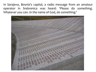 In Sarajevo, Bosnia's capital, a radio message from an amateur
operator in Srebrenica was heard: 'Please do something.
Whatever you can. In the name of God, do something.'
 