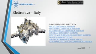 Elettrorava - Italy
Tuesday,
February 28, 2017
15
THIN FILM DEPOSITION SYSTEM
•PECVD DEPOSITION SYSTEMS
•SPUTTERING DEPOSITION SYSTEMS
•ELECTRON BEAM DEPOSITION SYSTEMS
•ION BEAM DEPOSITION SYSTEMS
•HWCVD AND THERMAL EVAPORATION SYSTEMS
•MULTICHAMBER SYSTEMS
•THIN FILM DEPOSITION APPLICATIONS
•AUTOMATIC VACUUM AND DEPOSITION CONTROL
 