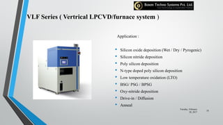 Application :
• Silicon oxide deposition (Wet / Dry / Pyrogenic)
• Silicon nitride deposition
• Poly silicon deposition
• N-type doped poly silicon deposition
• Low temperature oxidation (LTO)
• BSG/ PSG / BPSG
• Oxy-nitride deposition
• Drive-in / Diffusion
• Anneal
Tuesday, February
28, 2017
18
VLF Series ( Vertrical LPCVD/furnace system )
 