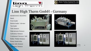 Linn High Therm GmbH - Germany
RESISTANCE HEATING
Batch
Front loader
Bottom loader / elevator
Top loader
Tube furnaces
High pressure furnaces
Laboratory furnaces
Continuous Conveyor / belt
Roller / Pusher furnaces
Rotary hearth kilns
Rotary tube furnaces
Laboratory furnaces
Tuesday,
February 28, 2017
44
 