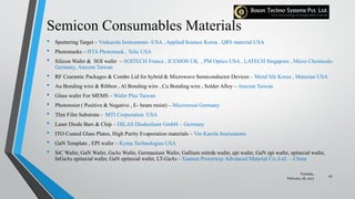 Semicon Consumables Materials
• Sputtering Target – Vinkarola Instruments -USA , Applied Science Korea , QRS material USA
• Photomasks – HTA Photomask , Telic USA
• Silicon Wafer & SOI wafer – SOITECH France , ICEMOS UK , PM Optics USA , LATECH Singapore , Micro Chemicals-
Germany, Atecom Taiwan
• RF Cearamic Packages & Combo Lid for hybrid & Microwave Semiconductor Devices – Metal life Korea , Materian USA
• Au Bonding wire & Ribbon , Al Bonding wire , Cu Bonding wire , Solder Alloy – Atecom Taiwan
• Glass wafer For MEMS – Wafer Plus Taiwan
• Photoresist ( Positive & Negative , E- beam resist) – Microresist Germany
• Thin Film Substrate - MTI Corporation USA
• Laser Diode Bars & Chip – DILAS Diodenlaser GmbH – Germany
• ITO Coated Glass Plates, High Purity Evaporation materials – Vin Karola Instruments
• GaN Template , EPI wafer – Kyma Technologies USA
• SiC Wafer, GaN Wafer, GaAs Wafer, Germanium Wafer, Gallium nitirde wafer, epi wafer, GaN epi wafer, epitaxial wafer,
InGaAs epitaxial wafer, GaN epitaxial wafer, LT-GaAs - Xiamen Powerway Advanced Material Co.,Ltd. - China
Tuesday,
February 28, 2017
45
 