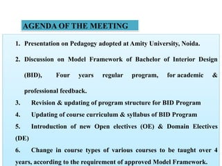 AGENDA OF THE MEETING
1. Presentation on Pedagogy adopted at Amity University, Noida.
2. Discussion on Model Framework of Bachelor of Interior Design
(BID), Four years regular program, for academic &
professional feedback.
3. Revision & updating of program structure for BID Program
4. Updating of course curriculum & syllabus of BID Program
5. Introduction of new Open electives (OE) & Domain Electives
(DE)
6. Change in course types of various courses to be taught over 4
years, according to the requirement of approved Model Framework.
 