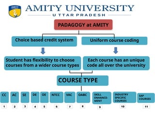 ORGANOGRAM
PADAGOGY at AMITY
Student has flexibility to choose
courses from a wider course types
Each course has an unique
code all over the university
COURSE TYPE
Choice based credit system Uniform course coding
CC SE
AC DE OE NTCC VAC OABC SKILL
ENHANCE-
MENT
INDUSTRY
SPECIFIC
COURSES
SAP
COURSES
1 3 4 5 6 7 8 9 10 11
2
 
