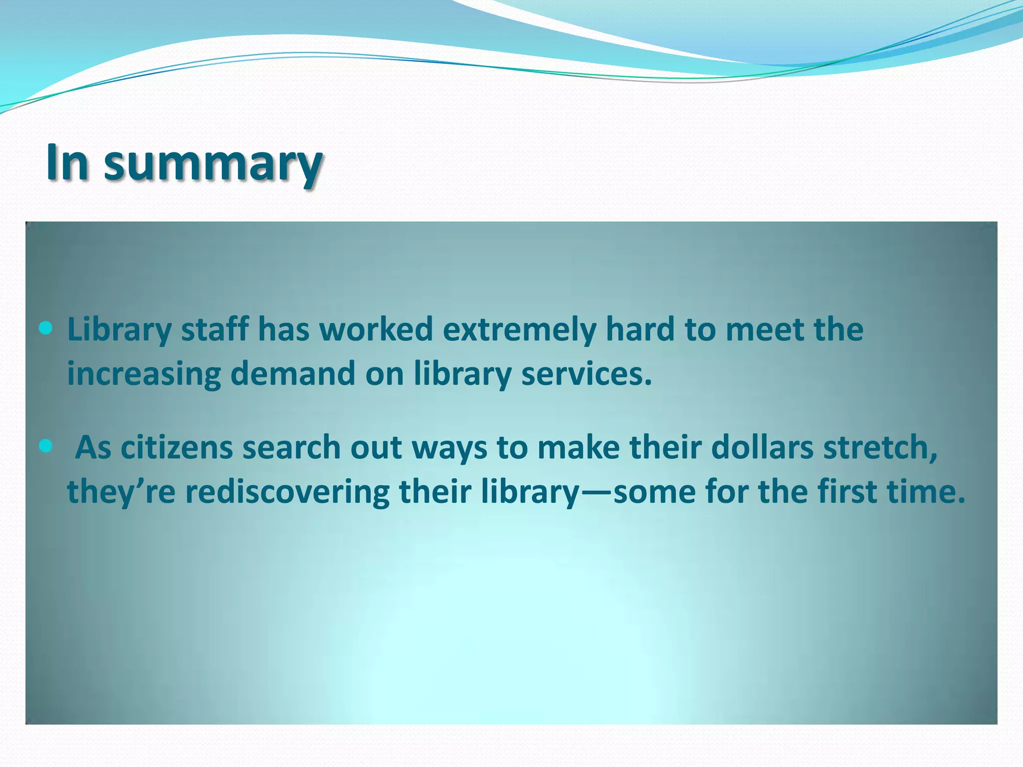 ProgramsOverall, held fewer programs than 2009 but participation increased to record numbers.  Nearly 18,000 attendees took part in 765 programs.Teen programming *did* increase to meet demand.  Held 38% more programs; attendance increased 36% Programs included book launch parties & book-to-movie celebrations; teen craft series; Wii tournaments and “wireless” gaming (read: board games); book discussion groups; animanga clubIf you build it…they will come!