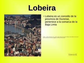 LobeiraLobeira
● Lobeira es un concello de la
provincia de Ourense,
pertenece a la comarca de la
Baja Limia.
“Geraldo ….; siendo un adolescente, su tío…. le llevó a navegar; trabajó como grumete en el Bóreas, un barco ballenero al servicio de la
factoría montada frente a los bajos de la Lobeira, a la entrada de la ría de Corcubión”
E sta n c ia 0 2
 