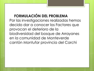 FORMULACIÓN DEL PROBLEMA
Por las investigaciones realizadas hemos
decido dar a conocer los Factores que
provocan el deterioro de la
biodiversidad del bosque de Arrayanes
en la comunidad de Monteverde
cantón Montufar provincia del Carchi
 