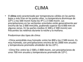 CLIMA
• El clima está caracterizado por temperaturas cálidas en las partes
bajas y más frías en las partes altas. La temperatura disminuye de
22º C a los 500 msnm hasta los 4º C a 3 500 msnm. Las
precipitaciones en las vertientes orientales están generalmente por
encima de los 2 000 mm/año, pudiendo superar los 6 000 mm en
algunas zonas. En las partes medias (1 500 a 2 500 msnm) son
frecuentes las neblinas durante la noche y la mañana.
Predominan dos tipos de clima:
· Clima semicálido muy húmedo: entre los 800 y los 2 500 msnm. Es
muy húmedo, con precipitaciones encima de los 2000 mm anuales
y temperaturas promedio alrededor de los 22º C.
· Clima frío: entre los 2 500 y 3 800 msnm, con precipitaciones de
unos 700 mm anuales y temperaturas promedio de 12º C.
 