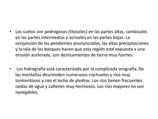 • Los suelos son pedregosos (litosoles) en las partes altas, cambisoles
en las partes intermedias y acrisoles en las partes bajas. La
conjunción de las pendientes pronunciadas, las altas precipitaciones
y la tala de los bosques hacen que esta región esté expuesta a una
erosión acelerada, con deslizamientos de tierra muy fuertes.
• Los hidrografía está caracterizada por la complicada orografía. De
las montañas descienden numerosos riachuelos y ríos muy
tormentosos y con el lecho de piedras. Los ríos tienen frecuentes
caídas de agua y cañones muy hermosos. Los ríos mayores no son
navegables.
 