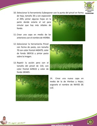 10. Seleccionar la herramienta Subexponer con la punta del pincel en forma
de hoja, tamaño 30 y con exposición
al 20%; pintar algunas hojas en la
parte donde estaría el sol para
simular que hay más árboles de
fondo.
11. Crear una capa en medio de las
anteriores con el nombre de HIERBA.
12. Seleccionar la herramienta Pincel
con forma de pasto, con tamaño
70 con color frontal A4D479, color
de fondo 385F16 y pintar pasto
sobre la imagen.
13. Repetir la acción pero con el
tamaño del pincel de 110, con
color frontal 629633 y color de
fondo 1B3405.
14. Crear una nueva capa en
medio de la de Hierbas y Hojas;
asignarle el nombre de RAYOS DE
LUZ.
 