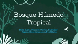 Bosque Húmedo
Tropical
Clima, Suelos, Diversidad Animal, Diversidad
Vegetal, Alteraciones que sufre el bioma.
 