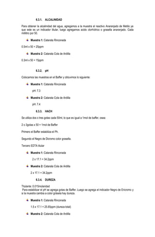 6.3.1. ALCALINIDAD
Para obtener la alcalinidad del agua, agregamos a la muestra el reactivo Anaranjado de Metilo ya
que este es un indicador titular, luego agregamos acido clorhídrico o grasella anaranjado. Cada
mililitro por 50.
Muestra 1: Catarata Rinconada
0.5ml x 50 = 25ppm
Muestra 2: Catarata Cola de Ardilla
0.3ml x 50 = 15ppm
6.3.2. pH
Colocamos las muestras en el Baffer y obtuvimos lo siguiente:
Muestra 1: Catarata Rinconada
pH: 7.3
Muestra 2: Catarata Cola de Ardilla
pH: 7.4
6.3.3. HACH
Se utiliza dos o tres gotas cada 50ml, lo que es igual a 1mol de baffer, osea:
2 o 3gotas x 50 = 1mol de Baffer
Primero el Baffer estabiliza el Ph.
Segundo el Negro de Dicromo color grasella.
Tercero EDTA titular
Muestra 1: Catarata Rinconada
2 x 17.1 = 34.2ppm
Muestra 2: Catarata Cola de Ardilla
2 x 17.1 = 34.2ppm
6.3.4. DUREZA
Titulante: 0.015molaridad
Para estabilizar el pH se agrega gotas de Baffer. Luego se agrega el indicador Negro de Ericromo y
si la muestra cambia a color grásela hay dureza.
Muestra 1: Catarata Rinconada
1.5 x 17.1 = 25.65ppm (dureza total)
Muestra 2: Catarata Cola de Ardilla

 