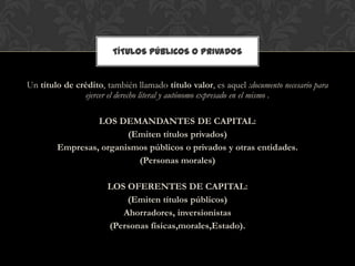 TÍTULOS PÚBLICOS O PRIVADOS


Un título de crédito, también llamado título valor, es aquel :documento necesario para
               ejercer el derecho literal y autónomo expresado en el mismo .

                 LOS DEMANDANTES DE CAPITAL:
                        (Emiten títulos privados)
        Empresas, organismos públicos o privados y otras entidades.
                          (Personas morales)

                       LOS OFERENTES DE CAPITAL:
                           (Emiten títulos públicos)
                          Ahorradores, inversionistas
                       (Personas físicas,morales,Estado).
 