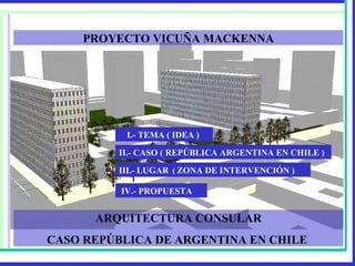ARQUITECTURA CONSULAR CASO REPÚBLICA DE ARGENTINA EN CHILE  PROYECTO VICUÑA MACKENNA I.- TEMA ( IDEA )   II.- CASO ( REPÚBLICA ARGENTINA EN CHILE ) III.- LUGAR   (  ZONA DE INTERVENCIÓN ) IV.- PROPUESTA 