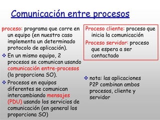 Comunicación entre procesos
proceso: programa que corre en
un equipo (en nuestro caso
implementa un determinado
protocolo de aplicación).
 En un mismo equipo, 2
procesos se comunican usando
comunicación entre-procesos
(la proporciona SO).
 Procesos en equipos
diferentes se comunican
intercambiando mensajes
(PDU) usando los servicios de
comunicación (en general los
proporciona SO)
Proceso cliente: proceso que
inicia la comunicación
Proceso servidor: proceso
que espera a ser
contactado
 nota: las aplicaciones
P2P combinan ambos
procesos, cliente y
servidor
 