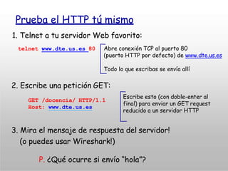 Prueba el HTTP tú mismo
1. Telnet a tu servidor Web favorito:
Abre conexión TCP al puerto 80
(puerto HTTP por defecto) de www.dte.us.es
Todo lo que escribas se envía allí
telnet www.dte.us.es 80
2. Escribe una petición GET:
GET /docencia/ HTTP/1.1
Host: www.dte.us.es
Escribe esto (con doble-enter al
final) para enviar un GET request
reducido a un servidor HTTP
3. Mira el mensaje de respuesta del servidor!
(o puedes usar Wireshark!)
P. ¿Qué ocurre si envío “hola”?
 