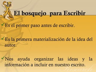 El bosquejo para Escribir
Es el primer paso antes de escribir.
Es la primera materialización de la idea del
autor.
Nos ayuda organizar las ideas y la
información a incluir en nuestro escrito.
 