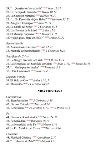 24. “…Querríamos Ver a Jesús” <431221>Juan 12:21
25. Es Tiempo de Buscarlo <281012>Oseas 10:12
26. La Cuestión Suprema <441630>Hechos 16:30
27. “…No Desechéis al Que Habla” <581225>Hebreos 12:25
28. Amigos o Enemigos <431514>Juan 15:14
29. La Gloria del Señor <470301>2 Corintios 3:18
30. Las Fuentes de la Salud <231203>Isaías 12:3
31. El Mensaje Supremo <540115>1 Timoteo 1:15
32. “¿Qué, pues, Haré de Jesús?” <402722>Mateo 27:22
Reconciliación
33. Amistándose con Dios <182221>Job 22:21
34. Mensaje de Reconciliación <470502>2 Corintios 5:20
Sacrificio de Cristo
35. La Sangre Preciosa de Cristo <600119>1 Pedro 1:19
36. La Necesidad del Sacrificio de Cristo <430314>Juan 3:14; <422446>Lucas 24:46
37. “…Murió por los Impíos” <450506>Romanos 5:6
38. Obra Consumada <431704>Juan 17:4
Segunda Venida
39. El Siglo de Oro <231106>Isaías 11:6, 7
40. Maranatha <461602>1 Corintios 16:22

                               VIDA CRISTIANA
Crecimiento
41. Transformación <470301>2 Corintios 3:18
42. Oír con Cuidado <410424>Marcos 4:24
43. Renovación <470501>2 Corintios 5:17; <610313>2 Pedro 3:13
Fe
44. Corazones Confortados <422432>Lucas 24:32
45. Fe Salvadora <451010>Romanos 10:10
46. La Necesidad de la Fe <581106>Hebreos 11:6
47. La Fe: Antídoto del Temor <410536>Marcos 5:36
Fidelidad
48. Fidelidad Cristiana <660210>Apocalipsis 2:10
49. “…Líbranos del Mal” <400613>Mateo 6:13
 
