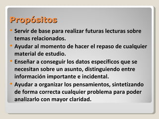 Propósitos
   Servir de base para realizar futuras lecturas sobre
    temas relacionados.
   Ayudar al momento de hacer el repaso de cualquier
    material de estudio.
   Enseñar a conseguir los datos específicos que se
    necesitan sobre un asunto, distinguiendo entre
    información importante e incidental.
   Ayudar a organizar los pensamientos, sintetizando
    de forma correcta cualquier problema para poder
    analizarlo con mayor claridad.
 
