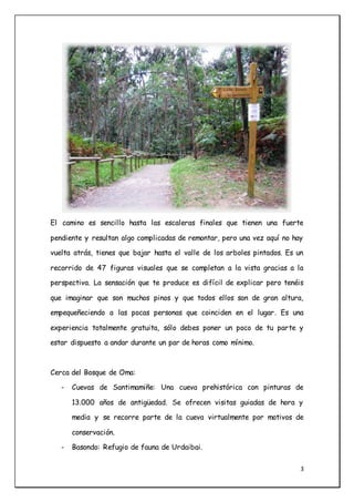 3
El camino es sencillo hasta las escaleras finales que tienen una fuerte
pendiente y resultan algo complicadas de remontar, pero una vez aquí no hay
vuelta atrás, tienes que bajar hasta el valle de los arboles pintados. Es un
recorrido de 47 figuras visuales que se completan a la vista gracias a la
perspectiva. La sensación que te produce es difícil de explicar pero tenéis
que imaginar que son muchos pinos y que todos ellos son de gran altura,
empequeñeciendo a las pocas personas que coinciden en el lugar. Es una
experiencia totalmente gratuita, sólo debes poner un poco de tu parte y
estar dispuesto a andar durante un par de horas como mínimo.
Cerca del Bosque de Oma:
- Cuevas de Santimamiñe: Una cueva prehistórica con pinturas de
13.000 años de antigüedad. Se ofrecen visitas guiadas de hora y
media y se recorre parte de la cueva virtualmente por motivos de
conservación.
- Basondo: Refugio de fauna de Urdaibai.
 