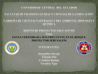 UNIVERSIDAD CENTRAL DEL ECUADOR
FACULTAD DE FILOSOFÍA LETRAS Y CIENCIAS DE LA EDUCACIÓN
CARRERA DE CIENCIAS NATURALES Y DELAMBIENTE, BIOLOGÍAY
QUÍMICA
DISEÑO DE PROYECTOS EDUCATIVOS
Tema:
FAUNA VERTEBRADA MÁS FRECUENTE EN EL BOSQUE
PROTECTOR JERUSALEM
INTEGRANTES:
Jacqueline Jácome
Yolanda Pila
Cristhian Román
Verónica Tigse
 