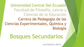 Bosques Secundarios
Luis Pacheco Játiva
Universidad Central Del Ecuador
Facultad de Filosofía, Letras y
Ciencias de la Educación
Carrera de Pedagogía de las
Ciencias Experimentales, Química y
Biología
 