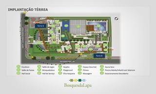 04
IMPLANTAÇÃO TÉRREA
4,83m
24,42m
Torre A
02
03
03
05
06
07
08
1415
7,50m
03 12
1311
0310
6,12m
18,7m
20,16m
01
Torre B
01
02
03
Escultura
Salão de Festas
Hall Social
04
05
06
Salão de Jogos
Brinquedoteca
Hall de Serviço
07
08
09
Quadra
Playground
Churrasqueira
10
11
12
Espaço Gourmet
Fitness
Massagem
13
14
15
Sauna Seca
Piscina Adulto/Infantil com Solarium
Estacionamento Descoberto
09
09
 