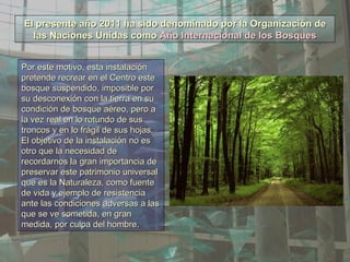 El presente año 2011 ha sido denominado por la Organización de las Naciones Unidas como   Año Internacional de los Bosques Por este motivo, esta instalación pretende recrear en el Centro este bosque suspendido, imposible por su desconexión con la tierra en su condición de bosque aéreo, pero a la vez real en lo rotundo de sus troncos y en lo frágil de sus hojas. El objetivo de la instalación no es otro que la necesidad de recordarnos la gran importancia de preservar este patrimonio universal que es la Naturaleza, como fuente de vida y ejemplo de resistencia ante las condiciones adversas a las que se ve sometida, en gran medida, por culpa del hombre. 