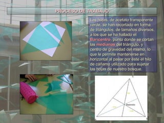 PROCESO DE TRABAJO Las hojas, de acetato transparente verde, se han recortado en forma de triángulos, de tamaños diversos, a los que se ha hallado el  Baricentro , punto donde se cortan las  medianas  del triángulo, y centro de gravedad del mismo, lo que le permite mantenerse en horizontal al pasar por éste el hilo de cáñamo utilizado para sujetar las hojas de nuestro bosque. 