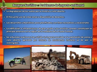  La degradación de los suelos por la minería a cielo abierto.
 El frecuente uso de estas zonas a disposición de desechos.
 Los desarrollos urbanísticos poco planificados, con fines recreativos y vacacionales.
 La edificación e infraestructura de gran escala y sus servicios conexos constituyen la
principal amenaza en la región de la cordillera de la Costal Central.
 los arbustales espinosos han sufrido un impacto asociado a la explotación de arena a
cielo abierto, agravado por tratarse de ecosistemas insulares ya de por si
restringidos.
 