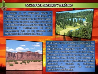 Un bosque es un ecosistema donde la
vegetación predominante la constituyen los
árboles. Estas comunidades de plantas cubren
grandes áreas del globo terráqueo y funcionan
como hábitats animales, moduladores de flujos
hidrológicos y conservadores del suelo,
constituyendo uno de los aspectos más
importantes de la biosfera de la Tierra
El adjetivo xerófilo se aplica en botánica a las
vegetación y asociaciones vegetales
específicamente adaptadas a la vida en un
medio seco o ambientes secos. Es decir plantas
adaptadas a la escasez de agua en la zona en la
que habitan, como la estepa o el desierto. Se
encuentran en regiones climáticamente áridas
(desiertos) y también en ambientes
excepcionalmente secos de regiones
semiáridas o subhúmedas.
 
