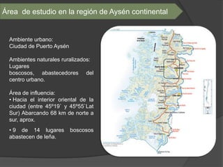 Área de estudio en la región de Aysén continental


  Ambiente urbano:
  Ciudad de Puerto Aysén

  Ambientes naturales ruralizados:
  Lugares
  boscosos, abastecedores del
  centro urbano.

  Área de influencia:
  • Hacia el interior oriental de la
  ciudad (entre 45º19` y 45º55`Lat
  Sur) Abarcando 68 km de norte a
  sur, aprox.
  • 9 de 14 lugares        boscosos
  abastecen de leña.
 