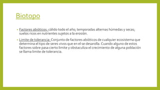 Biotopo
• Factores abióticos: cálido todo el año; temporadas alternas húmedas y secas;
suelos ricos en nutrientes sujetos a la erosión.
• Limite de tolerancia: Conjunto de factores abióticos de cualquier ecosistema que
determina el tipo de seres vivos que en el se desarolla. Cuando alguno de estos
factores sobre pasa cierto limite y obstaculiza el crecimiento de alguna población
se llama limite de tolerancia.
 