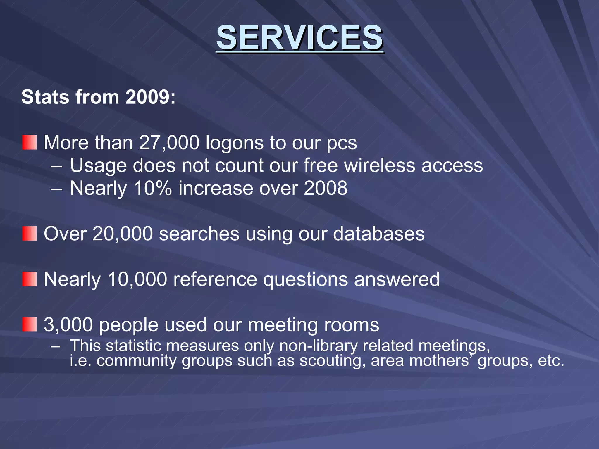 SERVICES Stats from 2009: More than 27,000 logons to our pcs  Usage does not count our free wireless access Nearly 10% increase over 2008 Over 20,000 searches using our databases Nearly 10,000 reference questions answered 3,000 people used our meeting rooms  This statistic measures only non-library related meetings,  i.e. community groups such as scouting, area mothers’ groups, etc. 