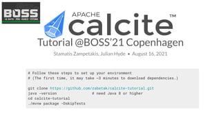Tutorial @BOSS’21 Copenhagen
Stamatis Zampetakis, Julian Hyde • August 16, 2021
# Follow these steps to set up your environment
# (The first time, it may take ~3 minutes to download dependencies.)
git clone https://github.com/zabetak/calcite-tutorial.git
java -version # need Java 8 or higher
cd calcite-tutorial
./mvnw package -DskipTests
 