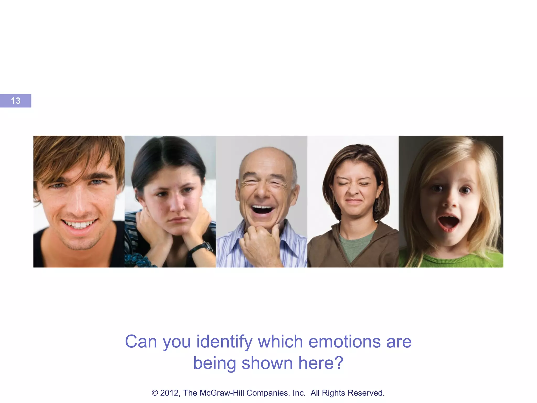 13
Can you identify which emotions are
being shown here?
© 2012, The McGraw-Hill Companies, Inc. All Rights Reserved.
 