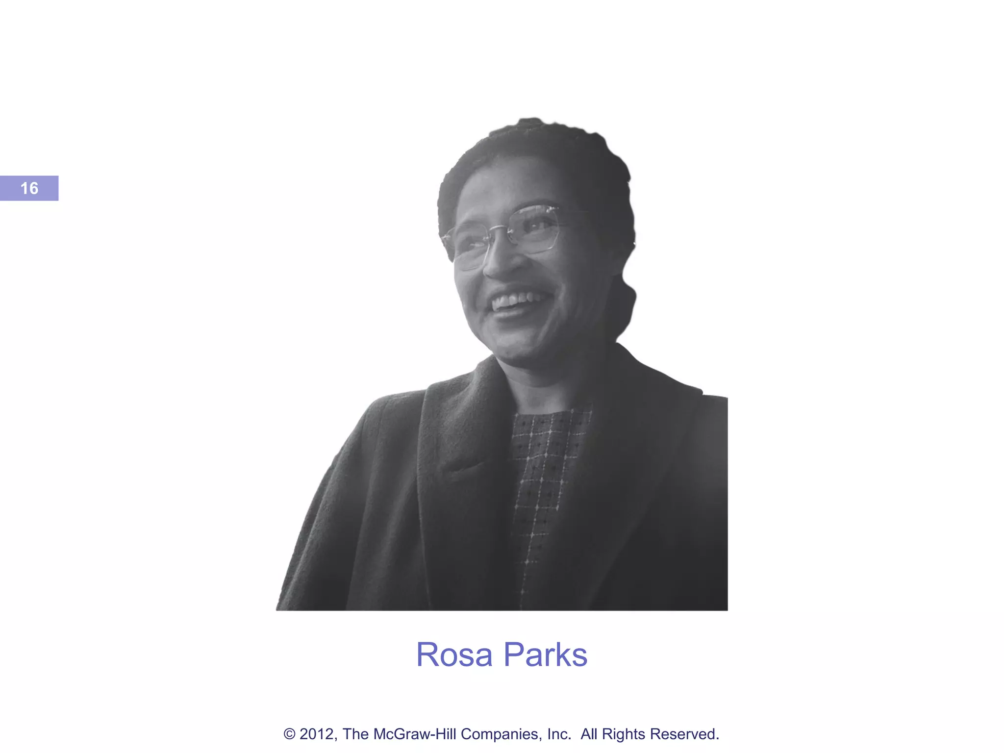 16
Rosa Parks
© 2012, The McGraw-Hill Companies, Inc. All Rights Reserved.
 