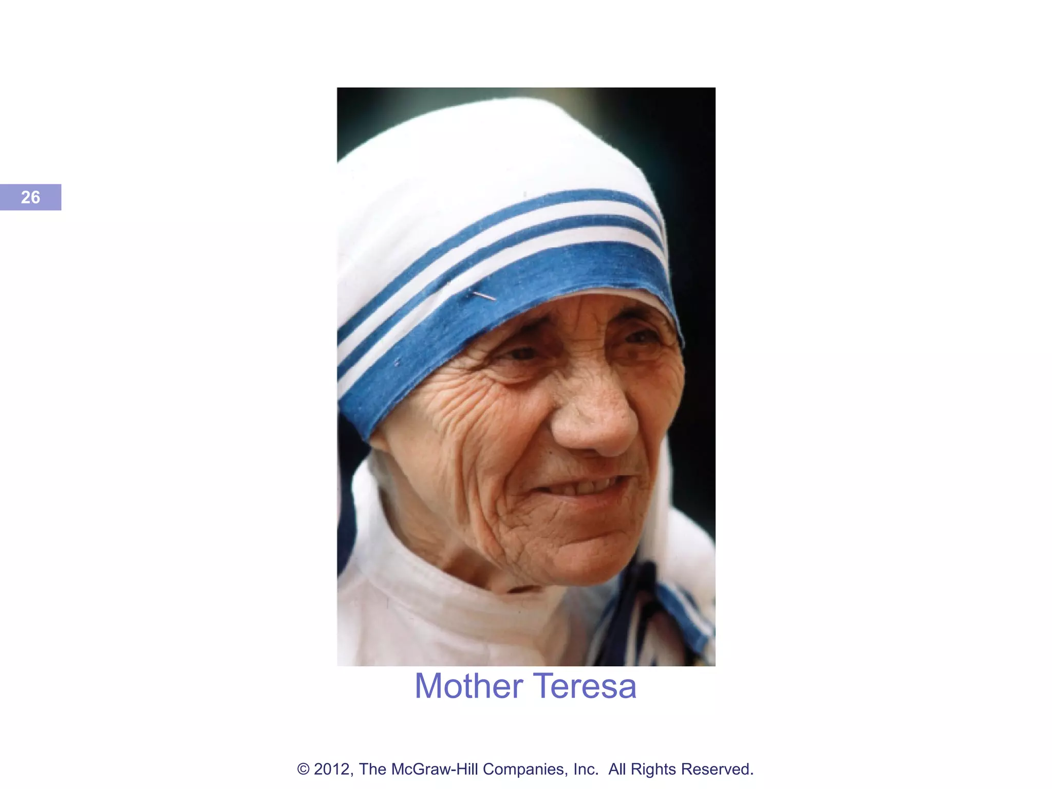 26
Mother Teresa
© 2012, The McGraw-Hill Companies, Inc. All Rights Reserved.
 