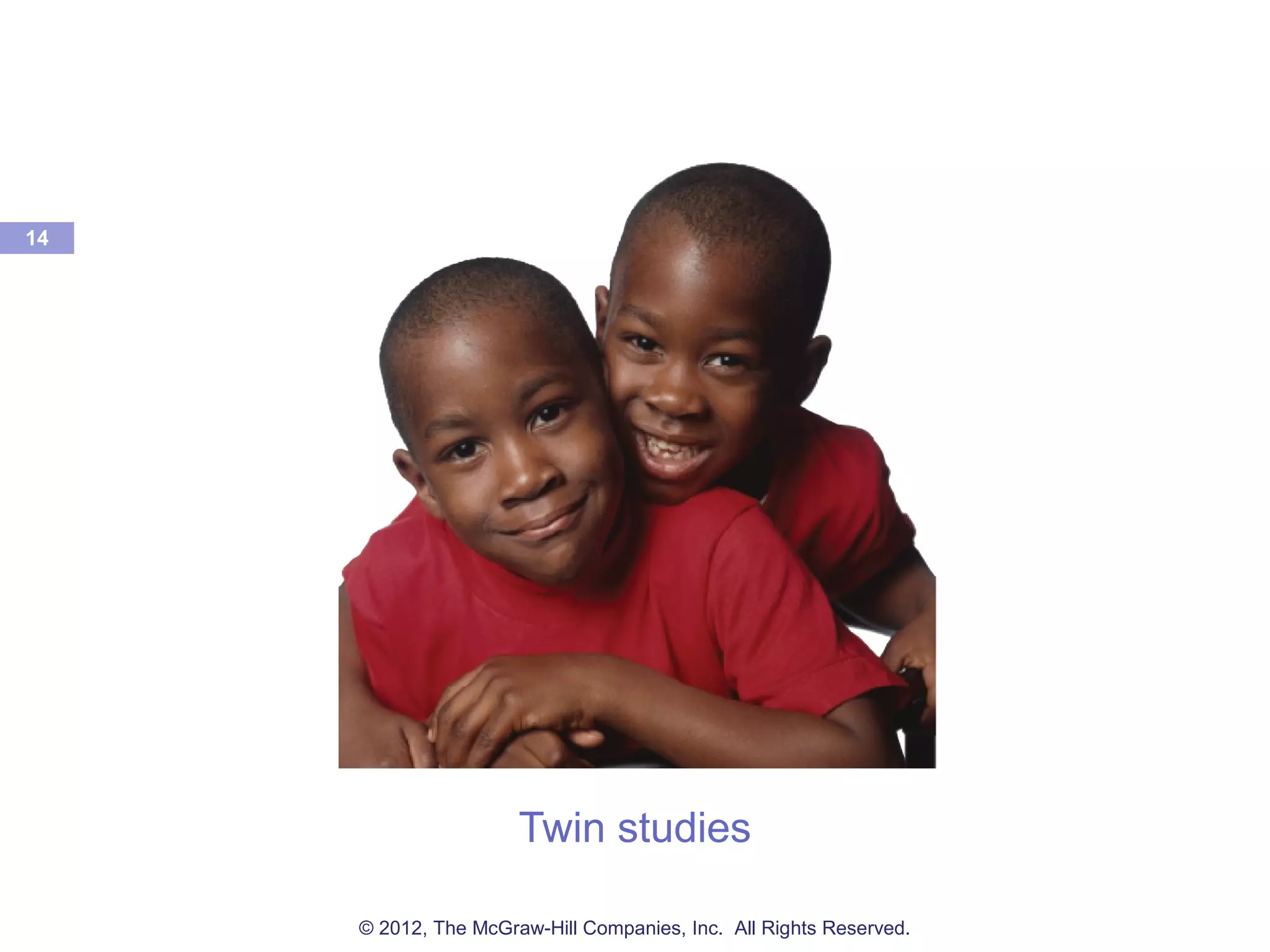 Twin studies
14
© 2012, The McGraw-Hill Companies, Inc. All Rights Reserved.
 