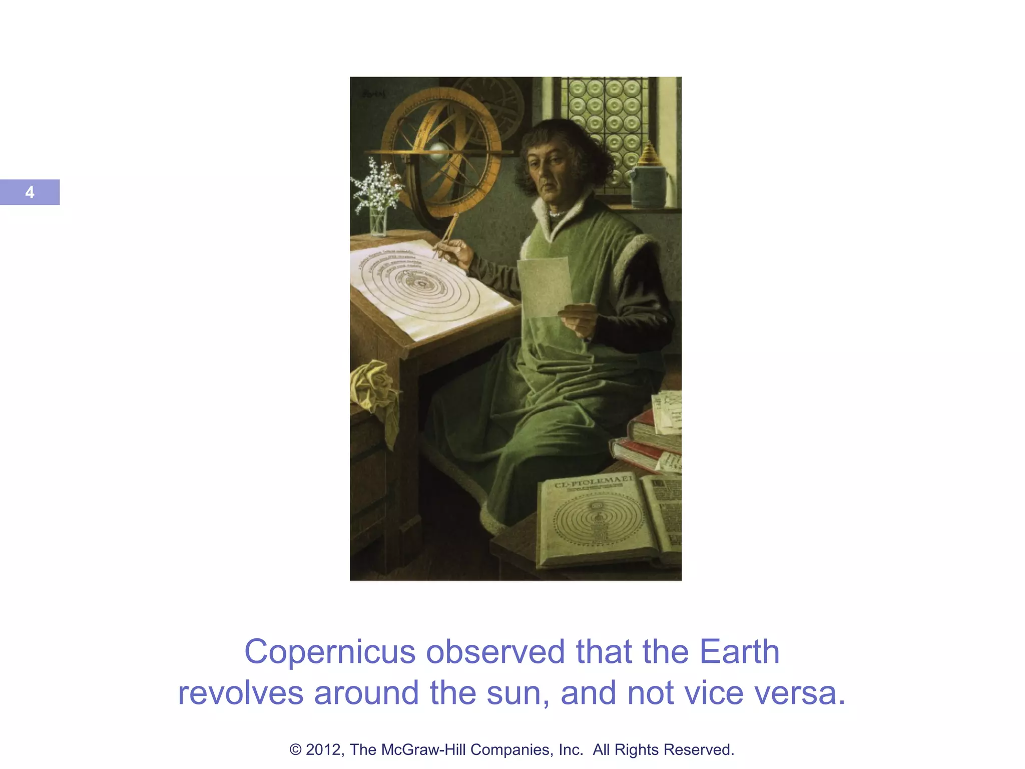 Copernicus observed that the Earth
revolves around the sun, and not vice versa.
4
© 2012, The McGraw-Hill Companies, Inc. All Rights Reserved.
 