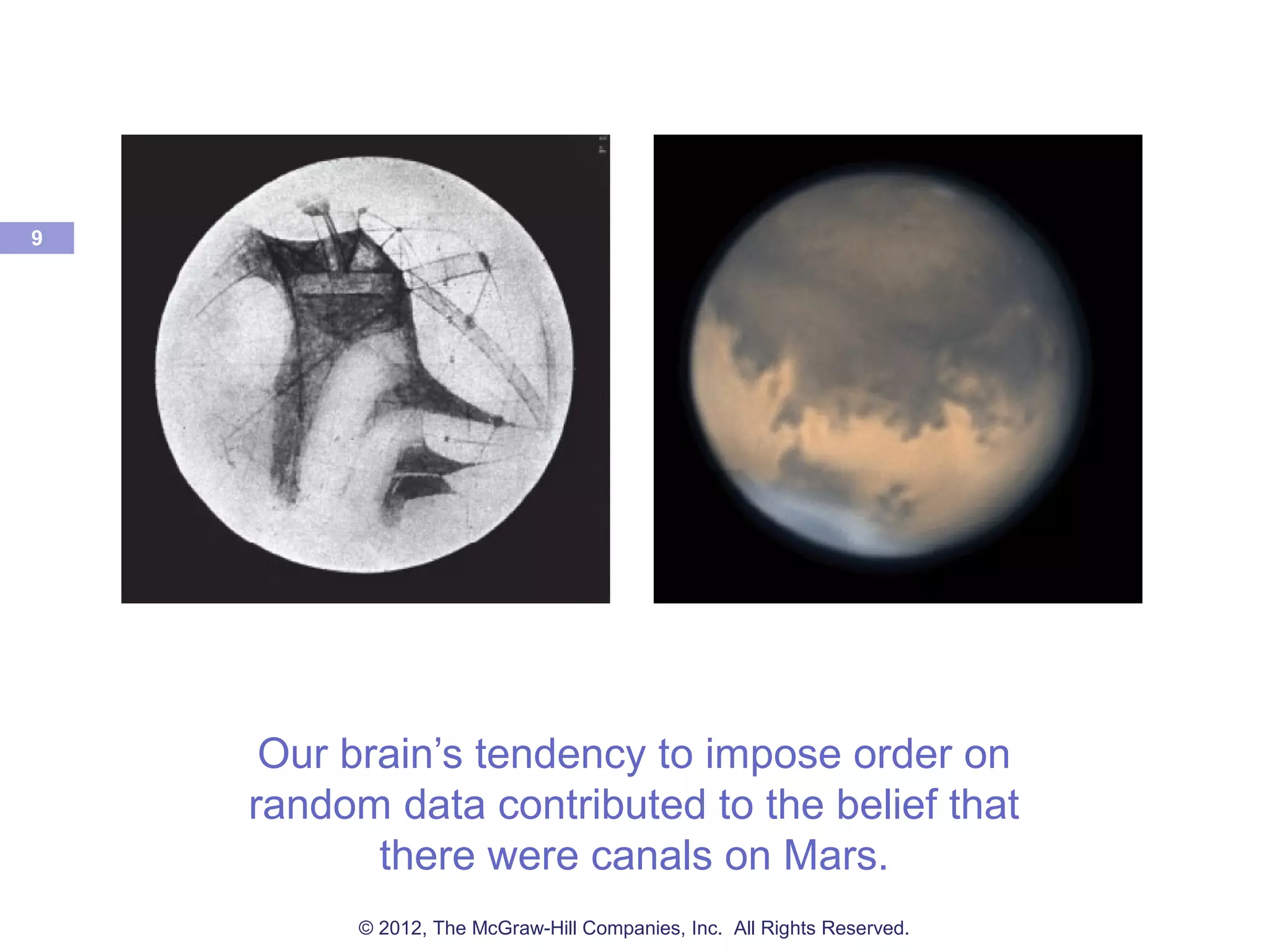 Our brain’s tendency to impose order on
random data contributed to the belief that
there were canals on Mars.
9
© 2012, The McGraw-Hill Companies, Inc. All Rights Reserved.
 