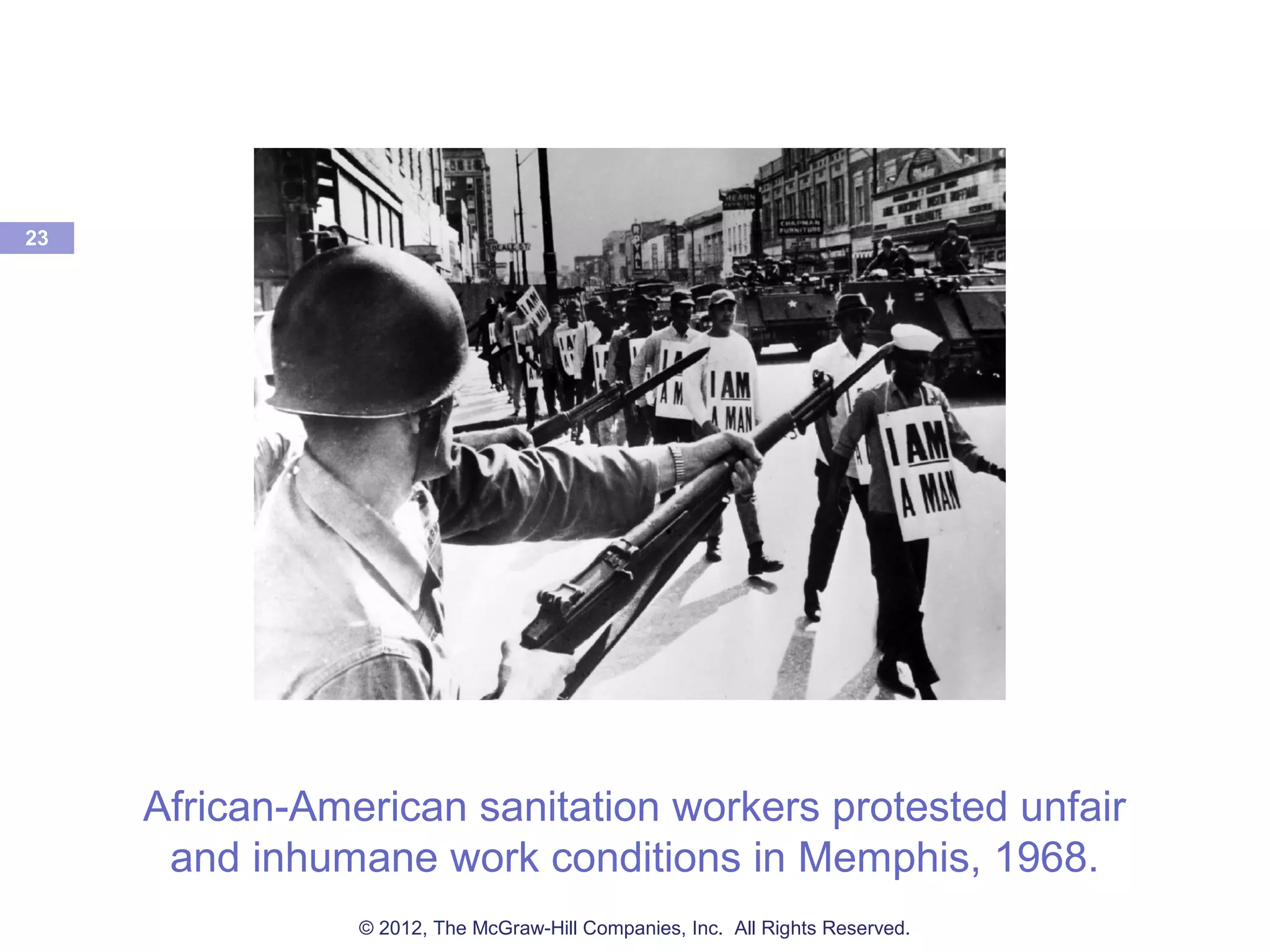 African-American sanitation workers protested unfair
and inhumane work conditions in Memphis, 1968.
23
© 2012, The McGraw-Hill Companies, Inc. All Rights Reserved.
 