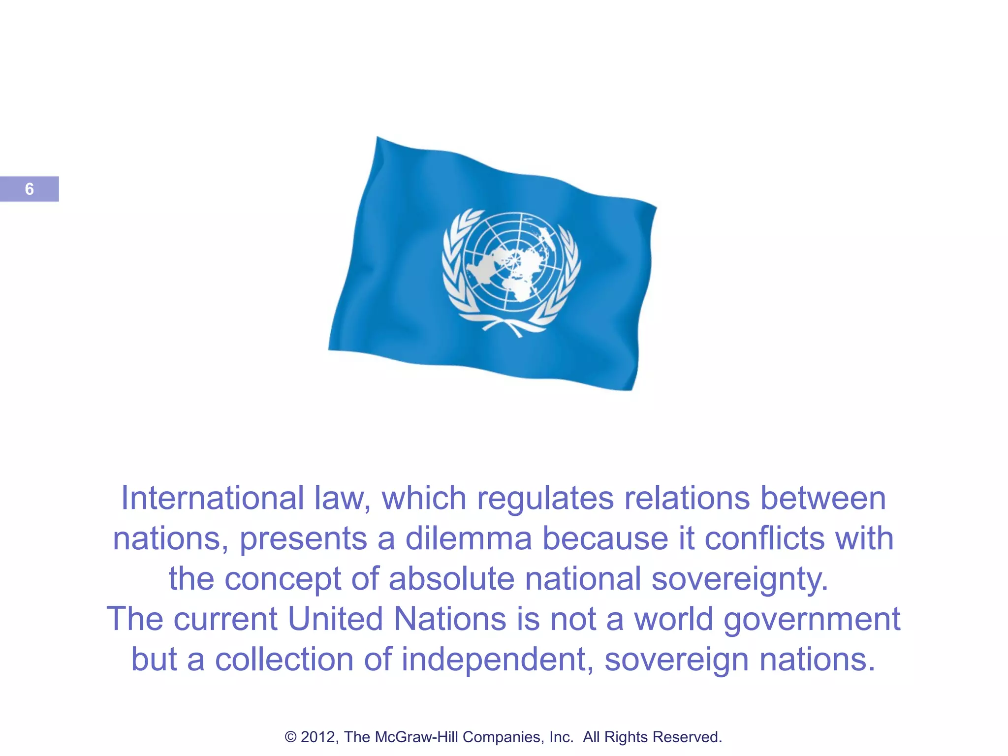 International law, which regulates relations between
nations, presents a dilemma because it conflicts with
the concept of absolute national sovereignty.
The current United Nations is not a world government
but a collection of independent, sovereign nations.
6
© 2012, The McGraw-Hill Companies, Inc. All Rights Reserved.
 