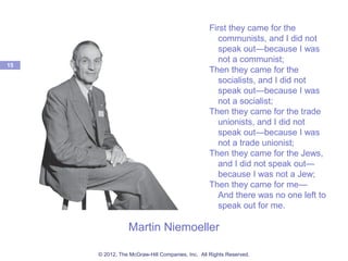 Martin Niemoeller
15
First they came for the
communists, and I did not
speak out—because I was
not a communist;
Then they came for the
socialists, and I did not
speak out—because I was
not a socialist;
Then they came for the trade
unionists, and I did not
speak out—because I was
not a trade unionist;
Then they came for the Jews,
and I did not speak out—
because I was not a Jew;
Then they came for me—
And there was no one left to
speak out for me.
© 2012, The McGraw-Hill Companies, Inc. All Rights Reserved.
 
