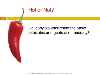 Hot or Not?
Do lobbyists undermine the basic
principles and goals of democracy?
20
© 2012, The McGraw-Hill Companies, Inc. All Rights Reserved.
 